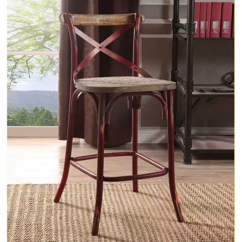 Metal and Wood Bar Chair with X-Shape Backrest