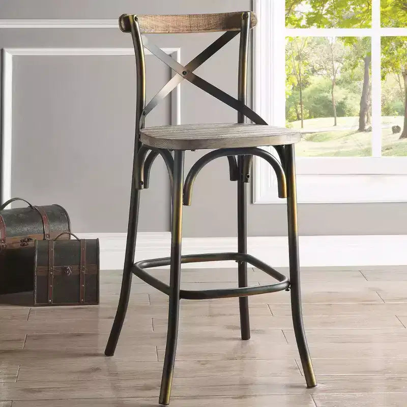 Metal and Wood Bar Chair with X-Shape Backrest