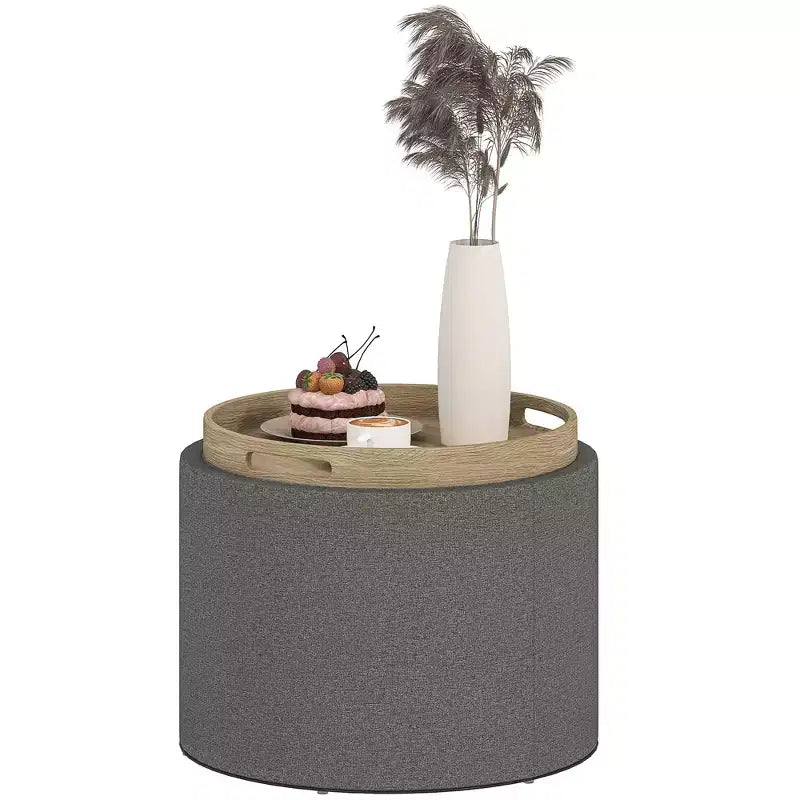 HOMCOM Tavolino Contenitore Pouf con Vassoio Ribaltabile e Spazio Nascosto, Poggiapiedi Rotondo con Rivestimento in Tessuto Effetto Lino