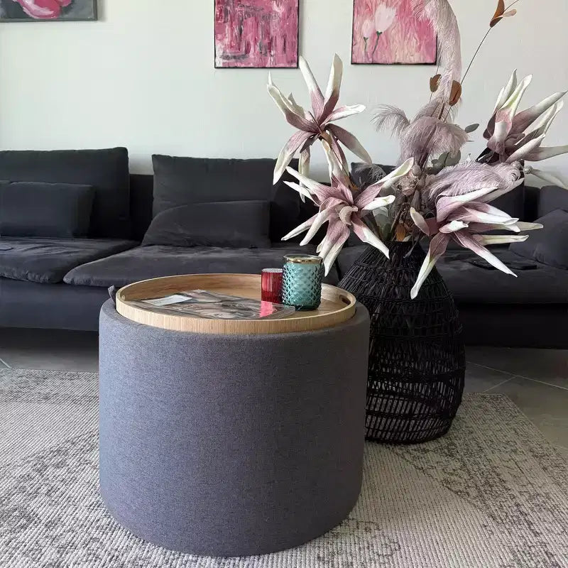 HOMCOM Tavolino Contenitore Pouf con Vassoio Ribaltabile e Spazio Nascosto, Poggiapiedi Rotondo con Rivestimento in Tessuto Effetto Lino
