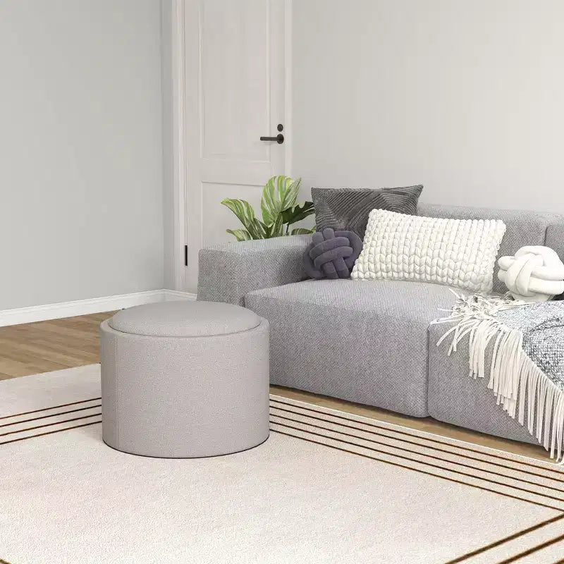 HOMCOM Tavolino Contenitore Pouf con Vassoio Ribaltabile e Spazio Nascosto, Poggiapiedi Rotondo con Rivestimento in Tessuto Effetto Lino