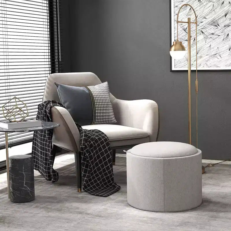 HOMCOM Tavolino Contenitore Pouf con Vassoio Ribaltabile e Spazio Nascosto, Poggiapiedi Rotondo con Rivestimento in Tessuto Effetto Lino