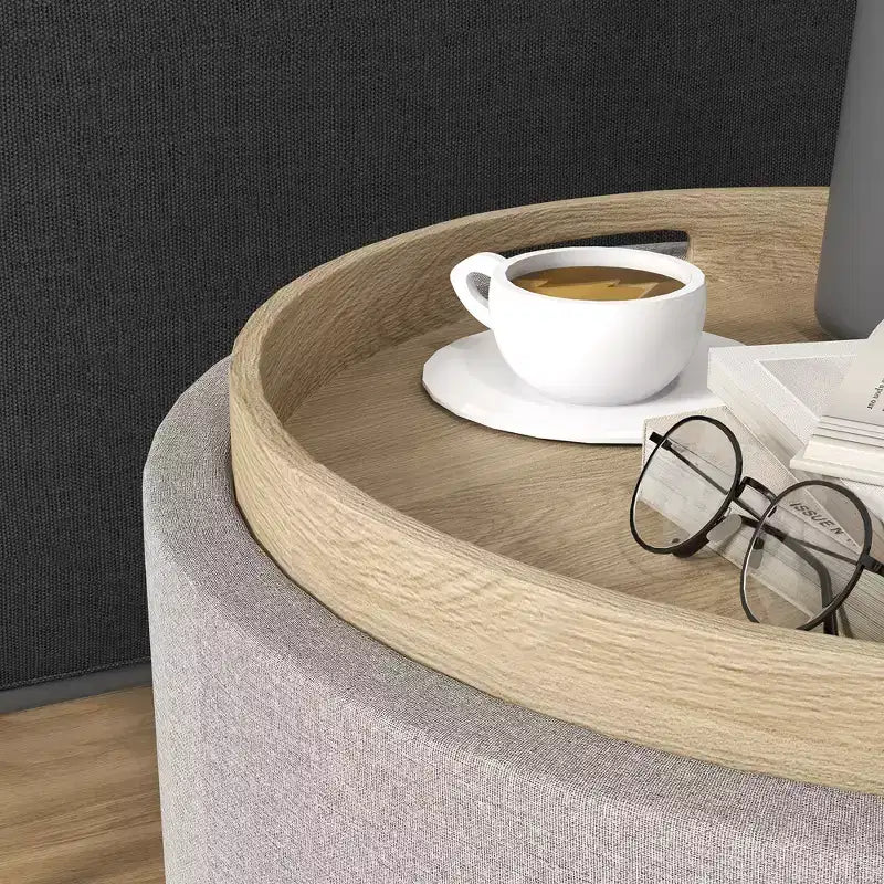HOMCOM Tavolino Contenitore Pouf con Vassoio Ribaltabile e Spazio Nascosto, Poggiapiedi Rotondo con Rivestimento in Tessuto Effetto Lino