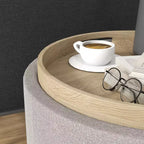 HOMCOM Tavolino Contenitore Pouf con Vassoio Ribaltabile e Spazio Nascosto, Poggiapiedi Rotondo con Rivestimento in Tessuto Effetto Lino