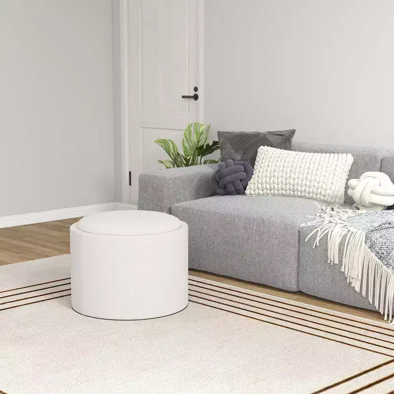 HOMCOM Tavolino Contenitore Pouf con Vassoio Ribaltabile e Spazio Nascosto, Poggiapiedi Rotondo con Rivestimento in Tessuto Effetto Lino
