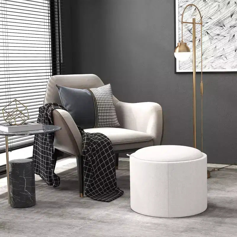 HOMCOM Tavolino Contenitore Pouf con Vassoio Ribaltabile e Spazio Nascosto, Poggiapiedi Rotondo con Rivestimento in Tessuto Effetto Lino