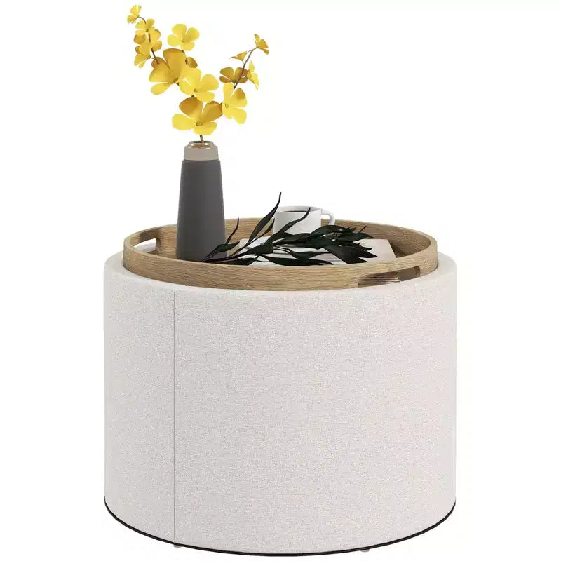 HOMCOM Storage Ottoman Coffee Table with Flip Top Tray and Hidden Space, Round Foot Stool with Linen-feel Fabric Upholstery