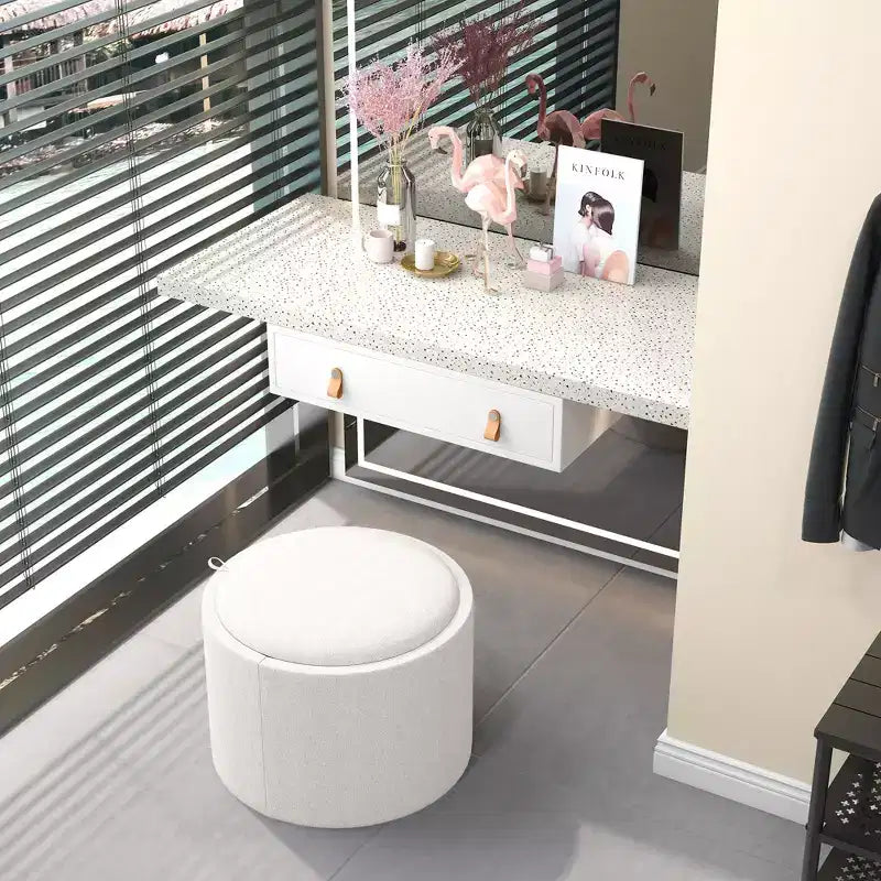 HOMCOM Tavolino Contenitore Pouf con Vassoio Ribaltabile e Spazio Nascosto, Poggiapiedi Rotondo con Rivestimento in Tessuto Effetto Lino