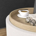 HOMCOM Tavolino Contenitore Pouf con Vassoio Ribaltabile e Spazio Nascosto, Poggiapiedi Rotondo con Rivestimento in Tessuto Effetto Lino