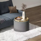 HOMCOM Tavolino Contenitore Pouf con Vassoio Ribaltabile e Spazio Nascosto, Poggiapiedi Rotondo con Rivestimento in Tessuto Effetto Lino