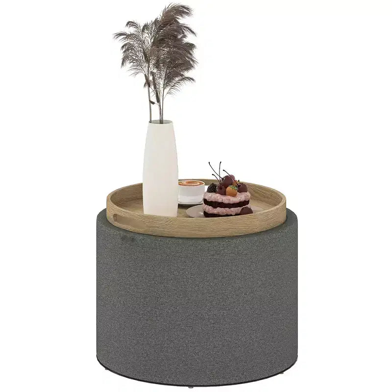 HOMCOM Storage Ottoman Coffee Table with Flip Top Tray and Hidden Space, Round Foot Stool with Linen-feel Fabric Upholstery