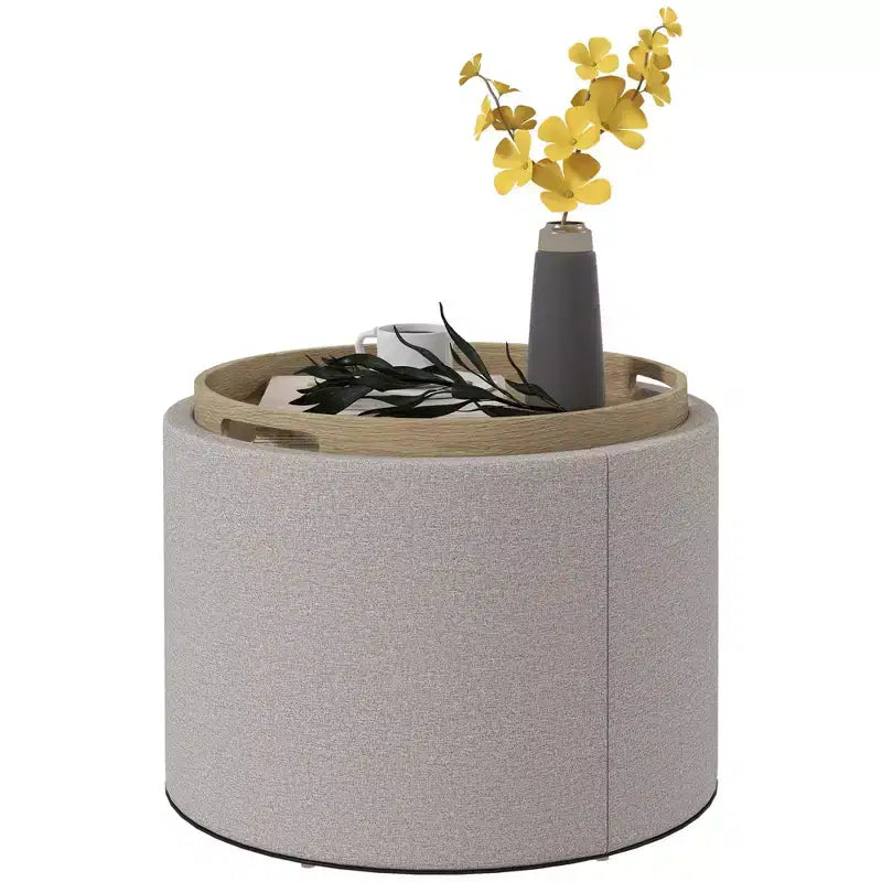 HOMCOM Storage Ottoman Coffee Table with Flip Top Tray and Hidden Space, Round Foot Stool with Linen-feel Fabric Upholstery