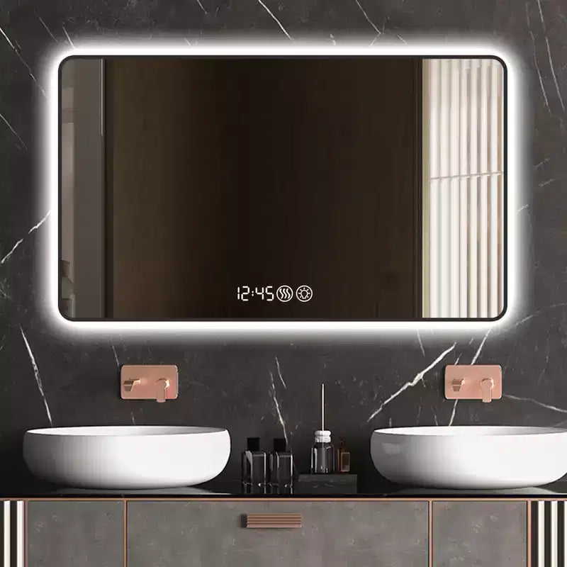 48x32 Black Frame Wall Mirror: Rounded Corners, Temperature Display, Tri-Color Light, Defogging, High-Def Tempered Glass