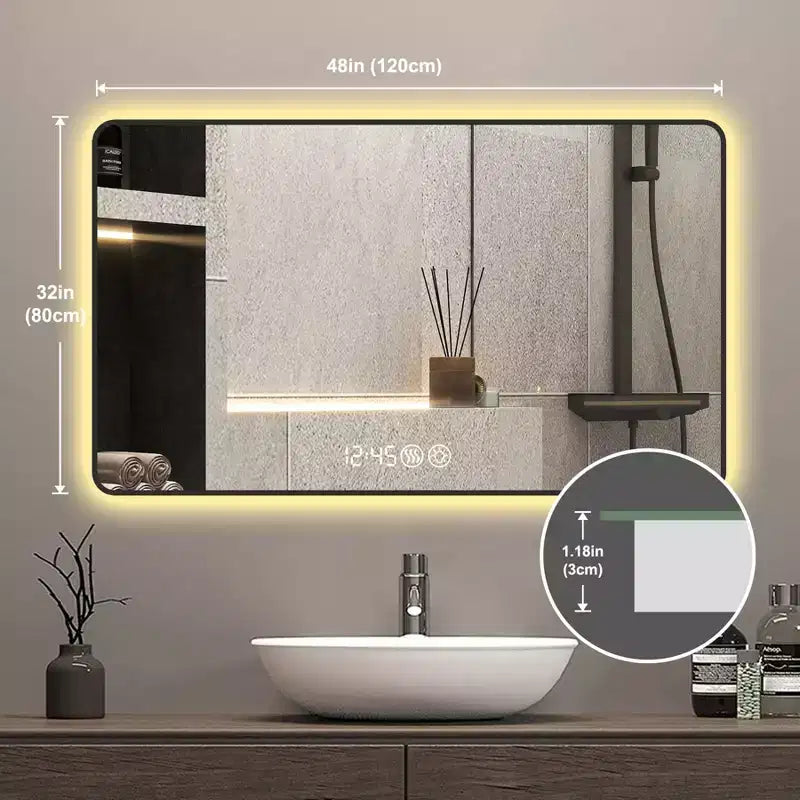 48x32 Black Frame Wall Mirror: Rounded Corners, Temperature Display, Tri-Color Light, Defogging, High-Def Tempered Glass