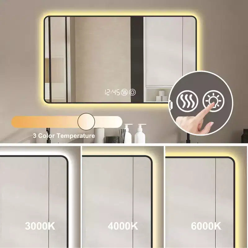 48x32 Black Frame Wall Mirror: Rounded Corners, Temperature Display, Tri-Color Light, Defogging, High-Def Tempered Glass