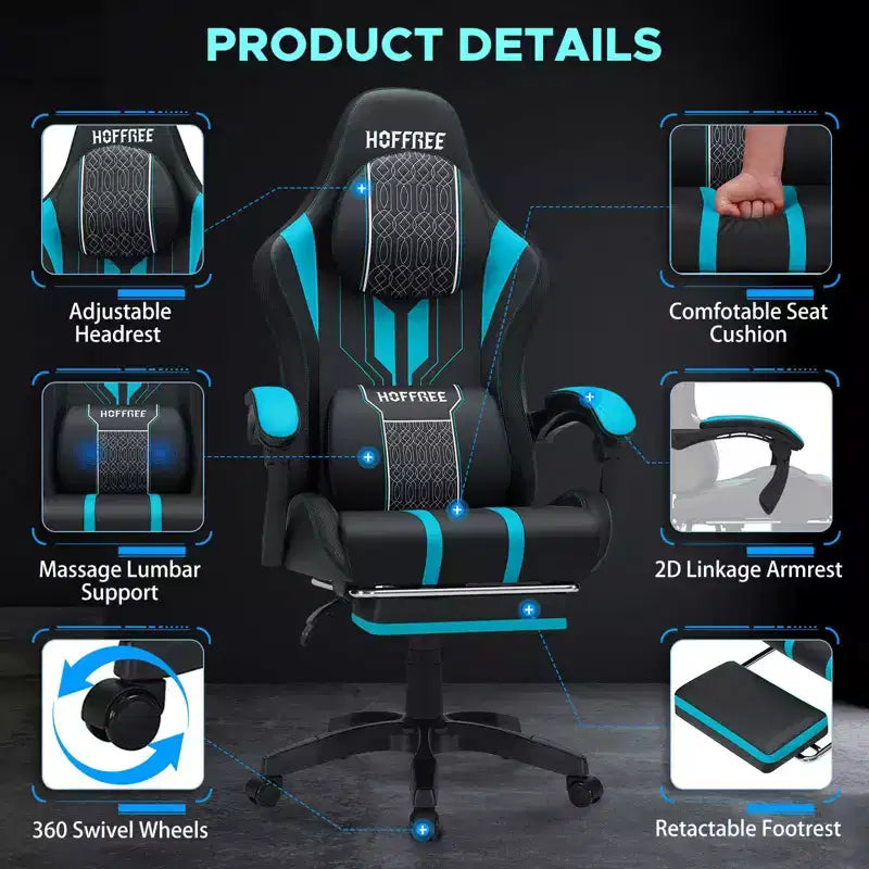 Sedia da gaming massaggiante extra large Hoffree Sedia da ufficio ergonomica per PC con poggiapiedi e regolabile