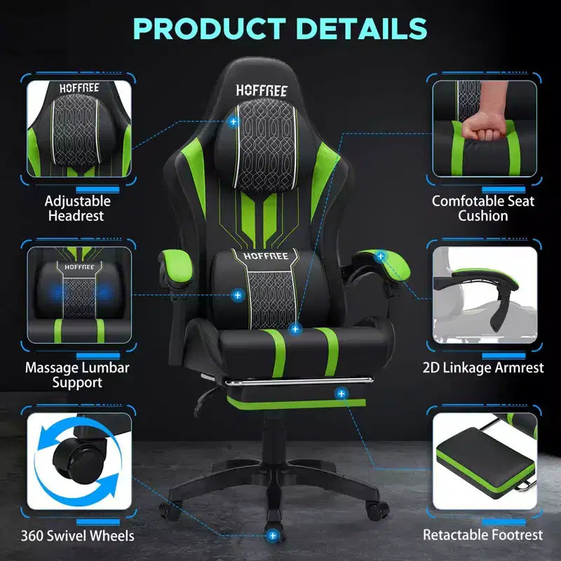 Sedia da gaming massaggiante extra large Hoffree Sedia da ufficio ergonomica per PC con poggiapiedi e regolabile