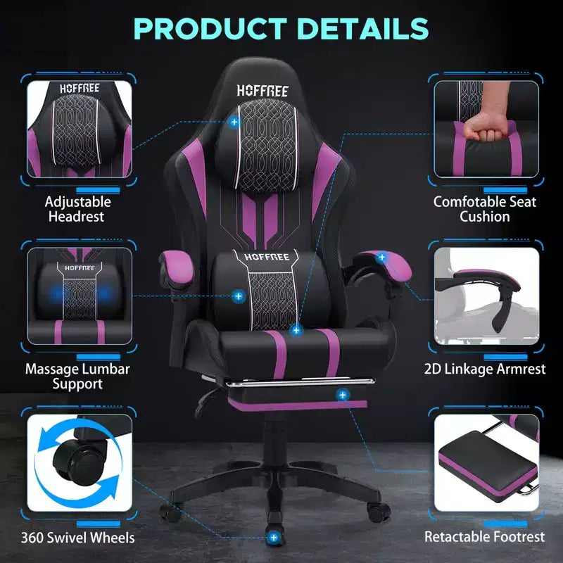 Sedia da gaming massaggiante extra large Hoffree Sedia da ufficio ergonomica per PC con poggiapiedi e regolabile