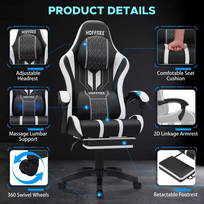 Sedia da gaming massaggiante extra large Hoffree Sedia da ufficio ergonomica per PC con poggiapiedi e regolabile