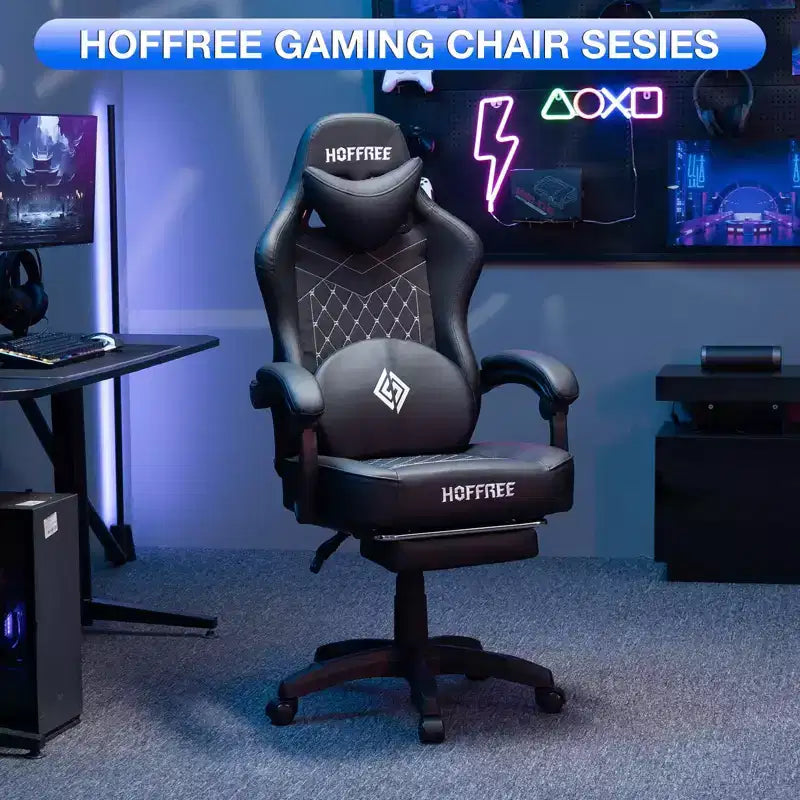Sedia da gaming massaggiante in pelle Hoffree, ergonomica da ufficio per PC con altoparlante Bluetooth e poggiapiedi