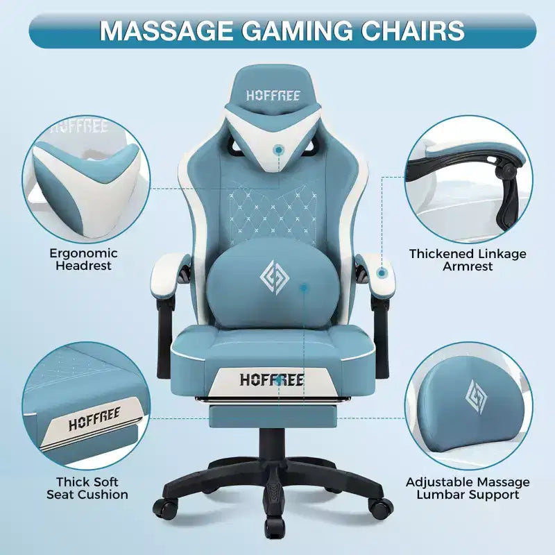 Sedia da gaming massaggiante in pelle Hoffree, ergonomica da ufficio per PC con altoparlante Bluetooth e poggiapiedi