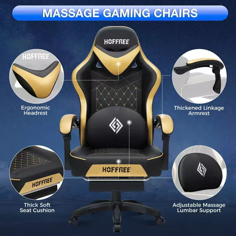Sedia da gaming massaggiante in pelle Hoffree, ergonomica da ufficio per PC con altoparlante Bluetooth e poggiapiedi