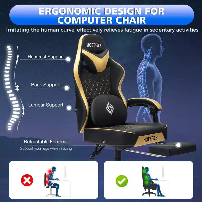 Sedia da gaming massaggiante in pelle Hoffree, ergonomica da ufficio per PC con altoparlante Bluetooth e poggiapiedi