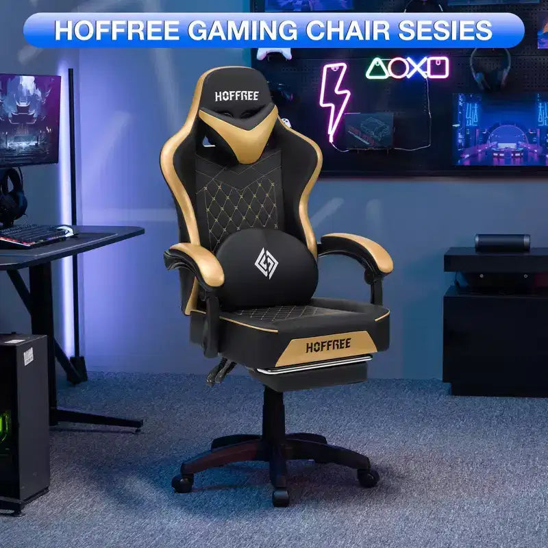 Sedia da gaming massaggiante in pelle Hoffree, ergonomica da ufficio per PC con altoparlante Bluetooth e poggiapiedi