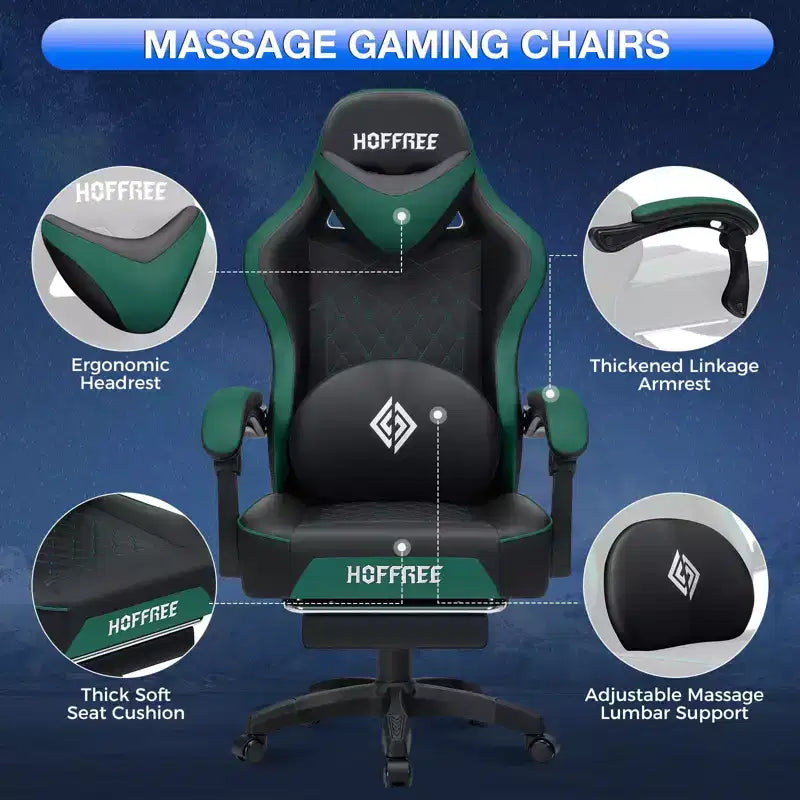 Sedia da gaming massaggiante in pelle Hoffree, ergonomica da ufficio per PC con altoparlante Bluetooth e poggiapiedi