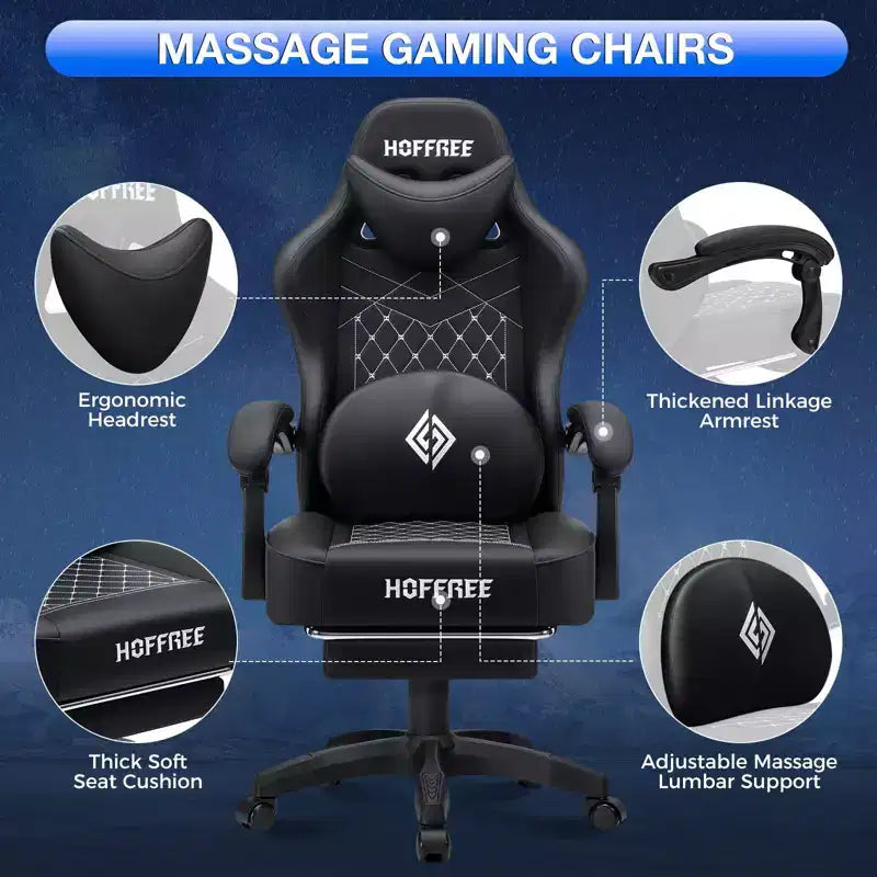 Sedia da gaming massaggiante in pelle Hoffree, ergonomica da ufficio per PC con altoparlante Bluetooth e poggiapiedi