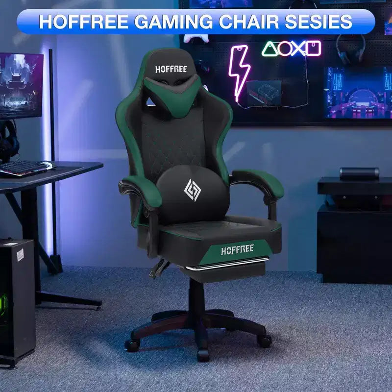 Sedia da gaming massaggiante in pelle Hoffree, ergonomica da ufficio per PC con altoparlante Bluetooth e poggiapiedi