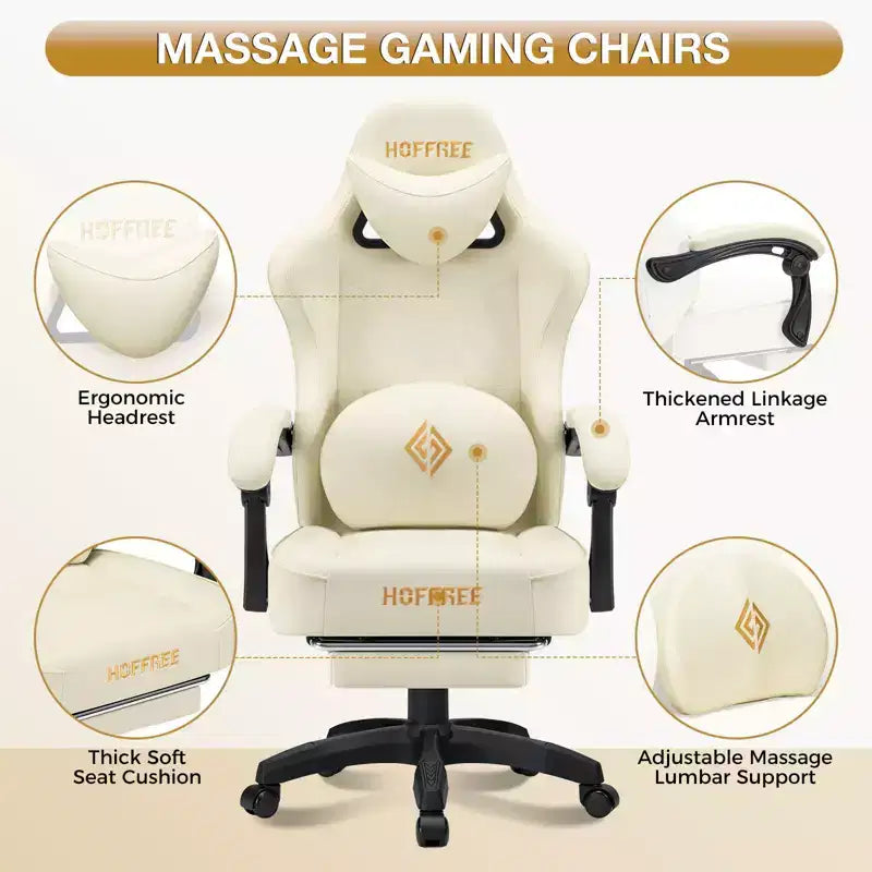 Sedia da gaming massaggiante in pelle Hoffree, ergonomica da ufficio per PC con altoparlante Bluetooth e poggiapiedi