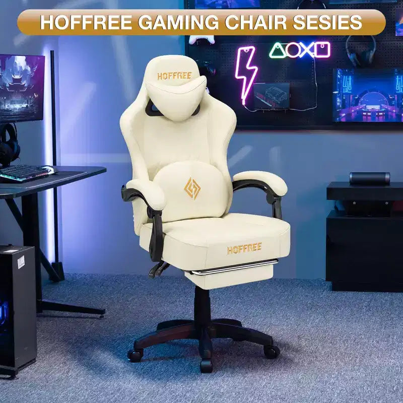 Sedia da gaming massaggiante in pelle Hoffree, ergonomica da ufficio per PC con altoparlante Bluetooth e poggiapiedi
