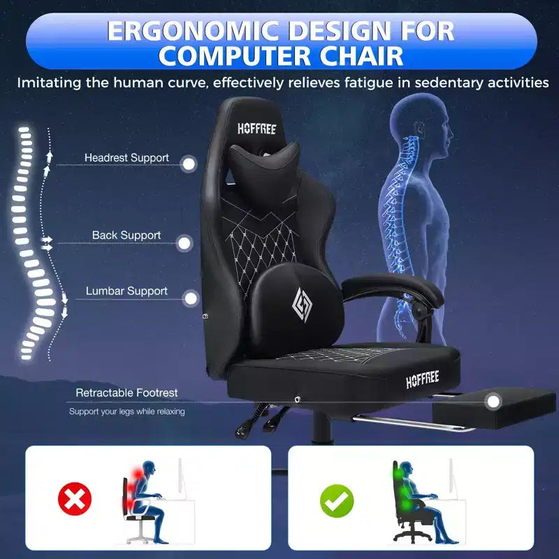 Sedia da gaming massaggiante in pelle Hoffree, ergonomica da ufficio per PC con altoparlante Bluetooth e poggiapiedi