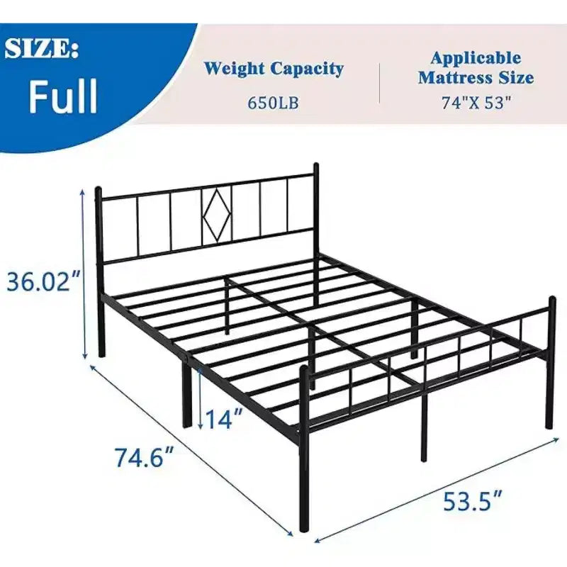 Base per letto a piattaforma in metallo classica a grandezza naturale alta 35,56 cm con testiera/pediera in ferro battuto/spazio di archiviazione sotto il letto
