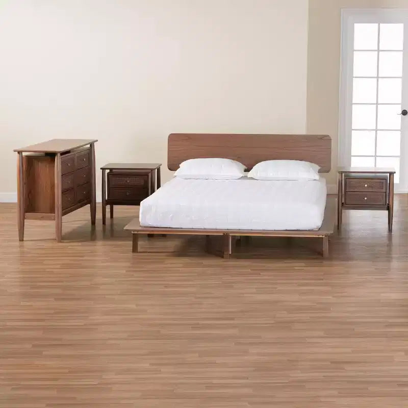 Set camera da letto Baxton Studio Alyssa in legno marrone noce stile Japandi, 4 pezzi