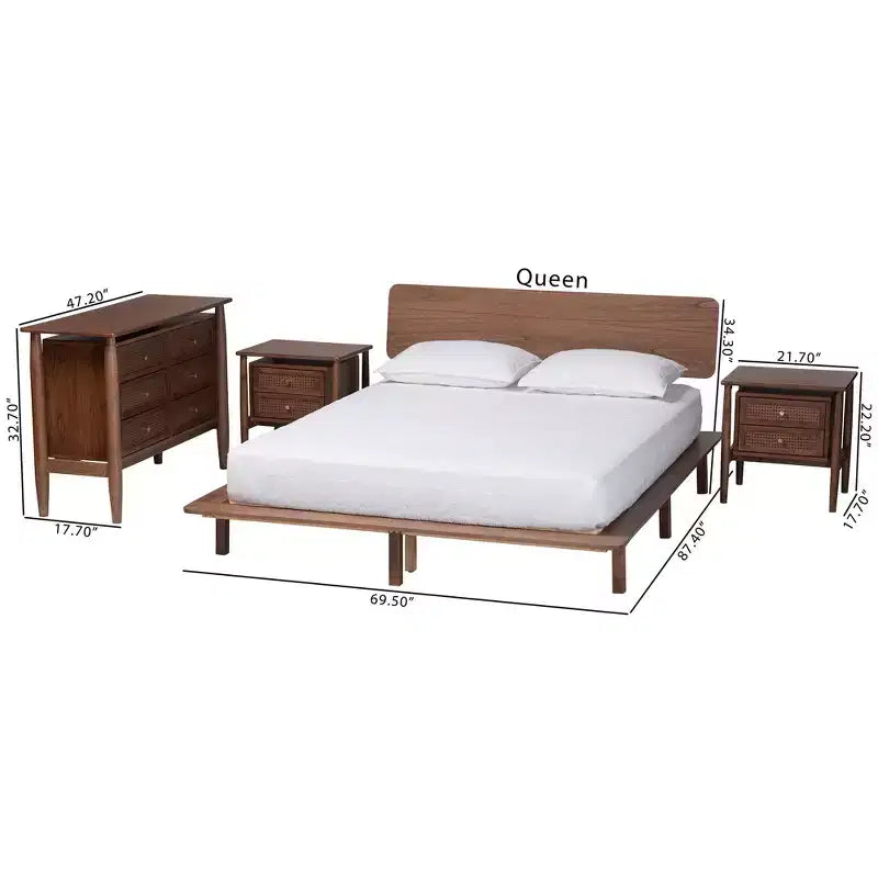 Set camera da letto Baxton Studio Alyssa in legno marrone noce stile Japandi, 4 pezzi