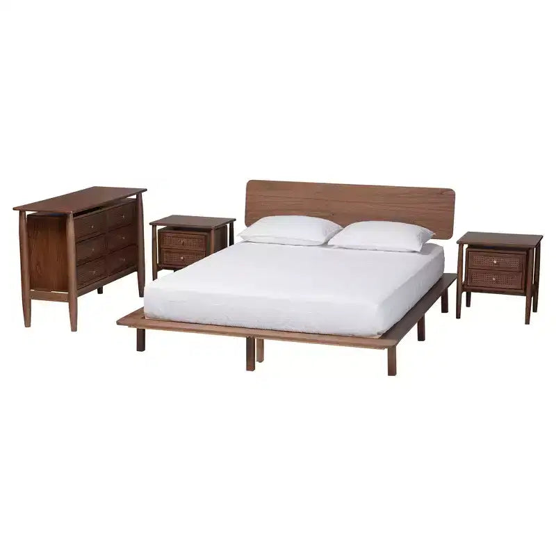 Set camera da letto Baxton Studio Alyssa in legno marrone noce stile Japandi, 4 pezzi