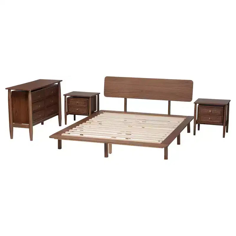Set camera da letto Baxton Studio Alyssa in legno marrone noce stile Japandi, 4 pezzi