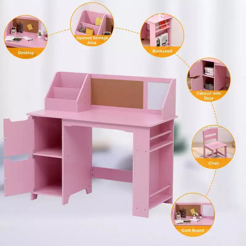 Set Scrivania e Sedia per Bambini, Tavolo Studio in Legno con Contenitore, Credenza e Bacheca