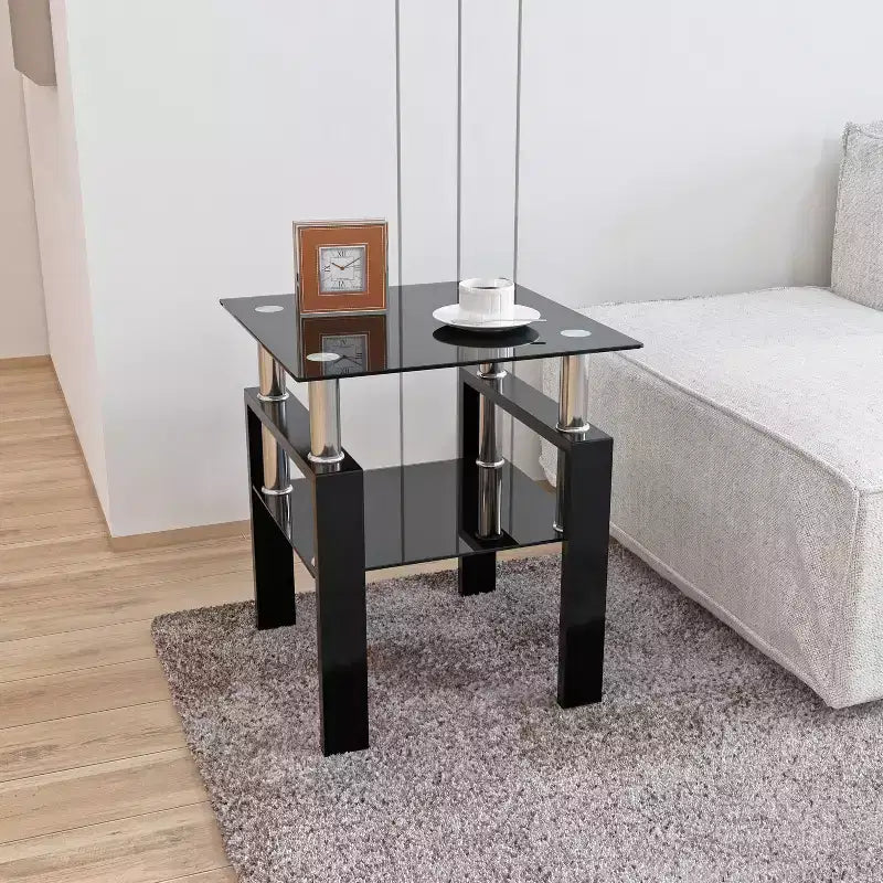 MAMAYEERTY Modern Tempered Glass End Table, Square Side Table for Living Room Bedroom, Black