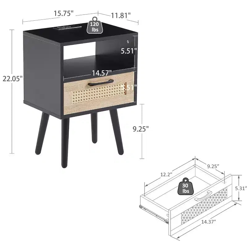 MAYEERTY Tavolino finale in rattan, comodino moderno con cassetto e gambe in legno massello, tavolino per soggiorno, camera da letto, nero