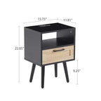 MAYEERTY Tavolino finale in rattan, comodino moderno con cassetto e gambe in legno massello, tavolino per soggiorno, camera da letto, nero