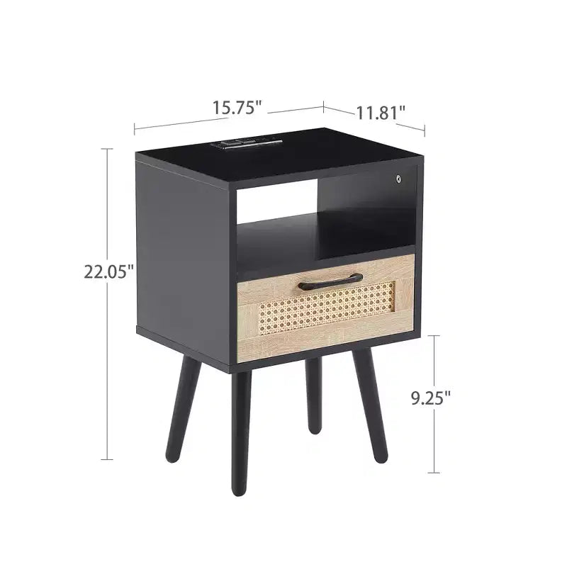 MAYEERTY Tavolino finale in rattan, comodino moderno con cassetto e gambe in legno massello, tavolino per soggiorno, camera da letto, nero