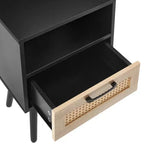 MAYEERTY Tavolino finale in rattan, comodino moderno con cassetto e gambe in legno massello, tavolino per soggiorno, camera da letto, nero