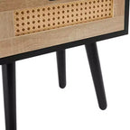 MAYEERTY Tavolino finale in rattan, comodino moderno con cassetto e gambe in legno massello, tavolino per soggiorno, camera da letto, nero