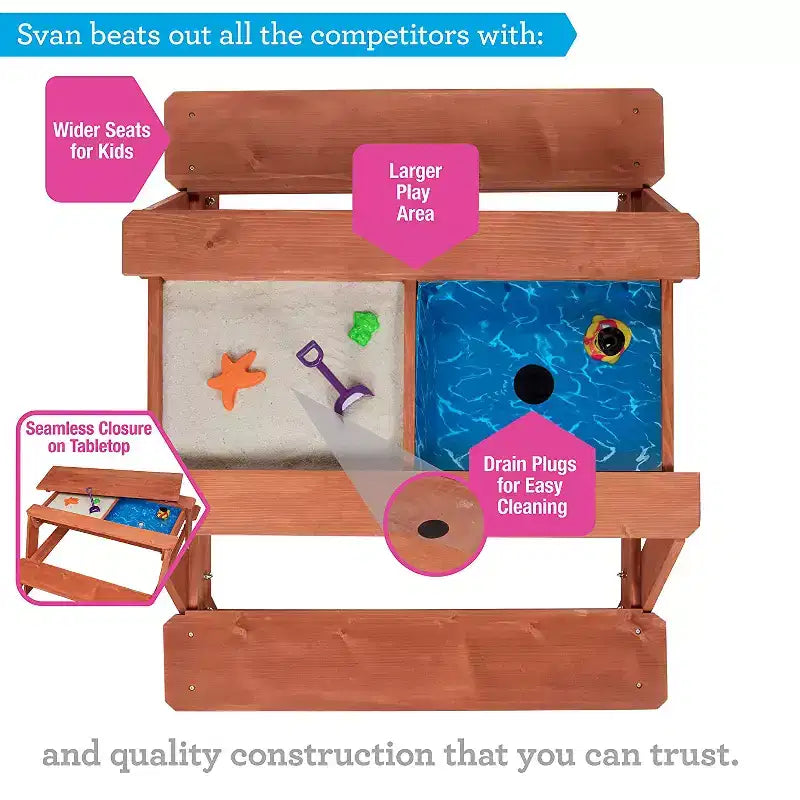 Svan Kids Tavolo Attività Convertibile per Interno/Esterno Tutto in Uno per Picnic, Sabbia e Acqua con Piano Rimovibile (109 x 89 x 48 cm) Realizzato in Legno al 100%