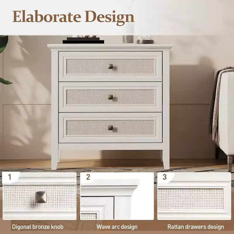 Cassettiera Heynemo per camera da letto, cassettiera alta Boho con 3 cassetti decorati in rattan, cassettiera moderna in legno per armadio, ingresso