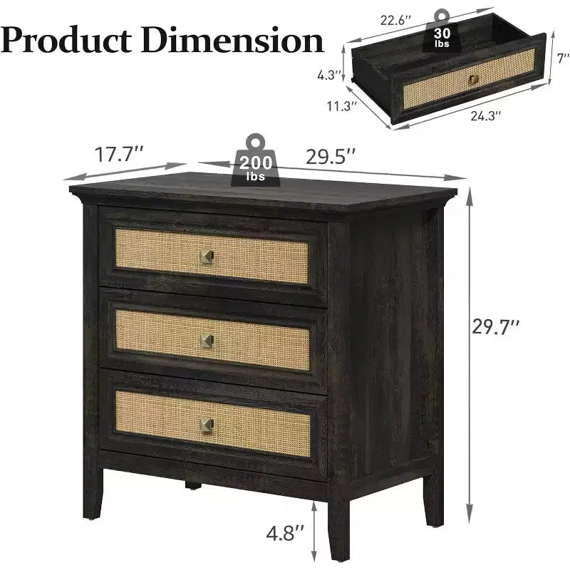 Cassettiera Heynemo per camera da letto, cassettiera alta Boho con 3 cassetti decorati in rattan, cassettiera moderna in legno per armadio, ingresso