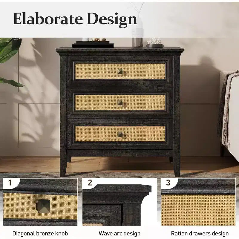 Cassettiera Heynemo per camera da letto, cassettiera alta Boho con 3 cassetti decorati in rattan, cassettiera moderna in legno per armadio, ingresso